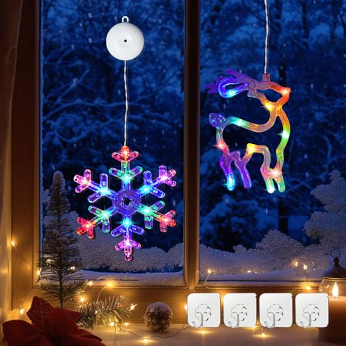 Lamptobe 2Pcs Guirlande Lumineuse Fenêtre Noël - Multicolore Lumière de Fenêtre Suspendue Flocon de Neige/Wapiti avec Ventouses, Fonction de Minuterie& 2 Modes LED Lumières de Noël pour Décoration