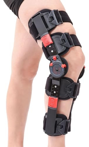 Hinged ROM Knee Brace with Shoulder Strap Post Op Knee Immobilizer Adjustable Knee Support with Side Stabilizers Medical Knee Orthopedic Support for Men and Women, Left or Right Leg (Red)