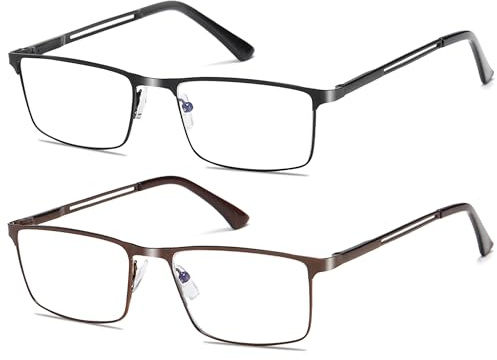Fsread 2 Pack Lesebrille Herren Blaulichtfilter mit Federscharnieren Rectangular Reader Full Frame Ultraleicht Metallrahmen +2.0