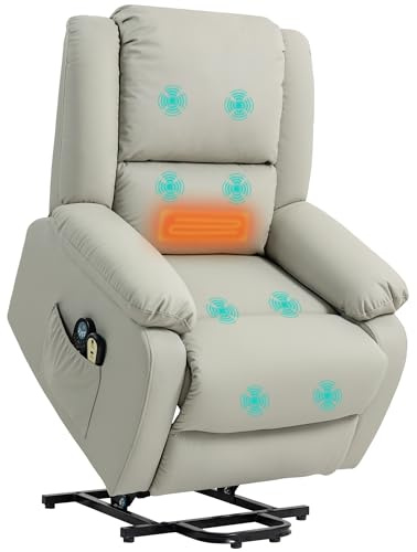 HOMCOM Sillón Relax Reclinable Eléctrico Levanta Personas Sillón Elevador con 8 Punto de Masaje Calor Lumbar 2 Controles Remotos Reposapiés Tela Resistente a los Arañazos y Bolsillo Lateral Gris Claro