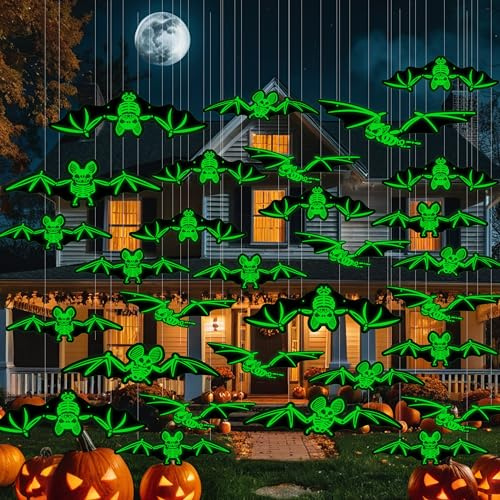 Halloween Deko Outdoor, 24 Stück Halloween Fledermaus Leuchtend Hängende Wasserdichtes PVC Horror Halloweendeko Fluoreszierendes Fledermäuse für Wanddeko Draußen Garten Party Deko