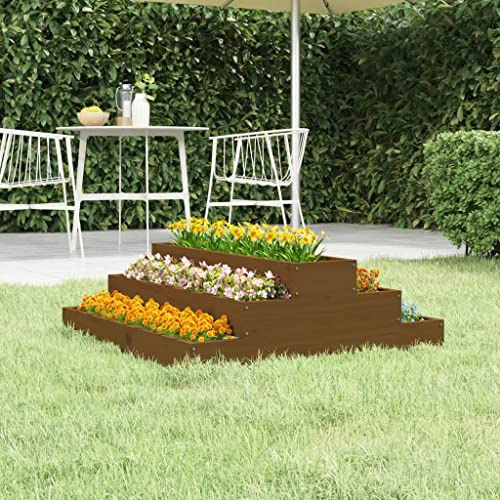 WDGJJFECNMUEHI Fioriera in Legno Massello di Pino 80x80x27 cm Marrone Ambra - Fioriera da Giardino con Design a Scala per Piante e Fiori - Struttura Robusta e Decorativa per Balcone Terrazzo