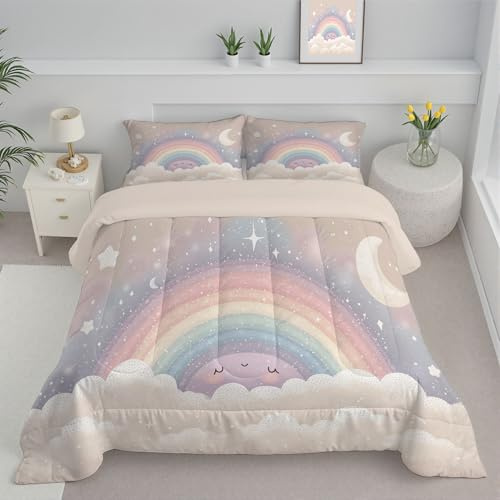 DLERFLOVR Piumino Reversibile Letto Matrimoniale Stelle Arcobaleno E Luna Lavabile Piumoni Bambino Trapunta Leggero Piumino Trapuntato per Tutte le Stagioni, Crema, 200x200cm