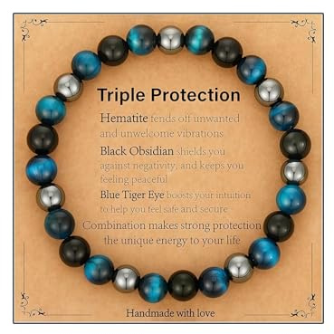 AstraGlam Pulsera de triple protección con ojo de tigre azul de 8 mm, obsidiana negra y hematita – Fuerza, protección y equilibrio para hombres y mujeres, regalo para el Día de la Madre, Día del
