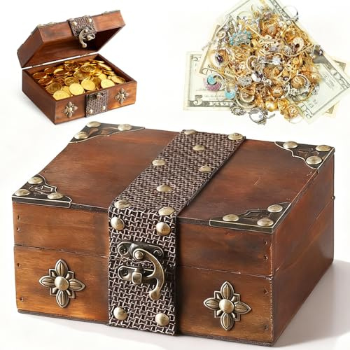 SNSYGN Schatzkiste Holz, Vintage Kleine Schatztruhe 15x12x7cm Schatzkiste Kindergeburtstag mit Riegel Holzkiste für Schmuck, Münzen, Hochzeit Aufbewahren Deko
