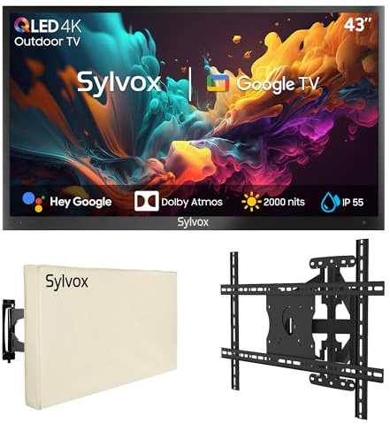 SYLVOX 43 TV Extérieur avec Housse & Support Mural pour Téléviseur- QLED 4K UHD 2000Nits, Smart Google Outdoor TV Étanche IP55, Google Assistant - pour Pool/Jardins/Terrasse (Pool Pro 2.0 QLED)