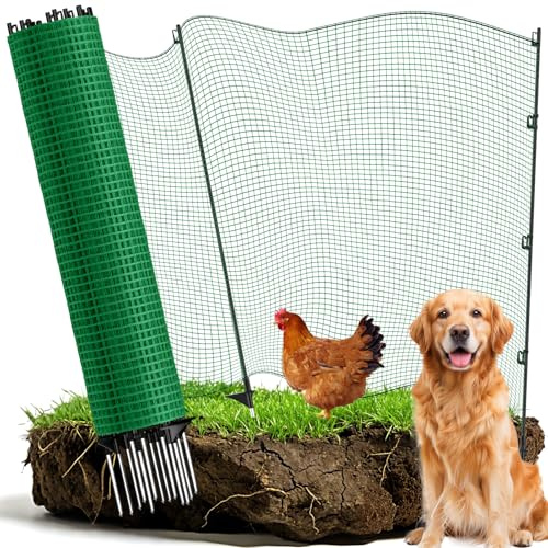 Begrenzungszaun,mobiler Zaun 25 m lang & 91 cm hoch,9 Fiberglaspfähle | ideal für Camping, Hühnerzaun, Hundezaun, Weidezaun, Gartenzaun, Geflügelnetz, Steckzaun (Dunkelgrün)
