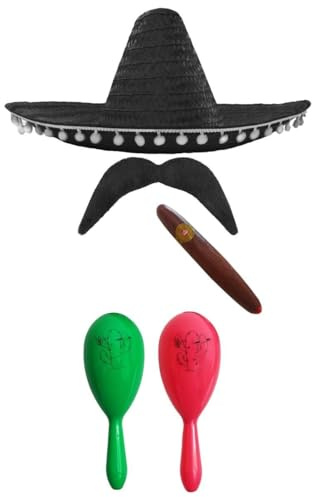Mexikanisches Kostüm-Accessoire-Set, Mexikanischer Sombrero + Maracas + Fashe Perfekt für mexikanische Kostüme Senorita Bandit Mariachi (schwarzer Pompom-Sombrero + grüne und rosa Maracas)