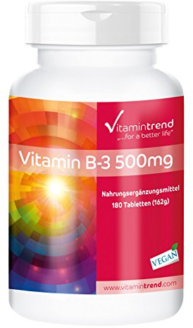 Vitamintrend Vitamin B3 500mg, 180 Tabletten, hochdosiert, Nicotinamid, Nahrungsergänzungsmittel vegan ohne Magnesiumstearat, in Deutschland hergestellt