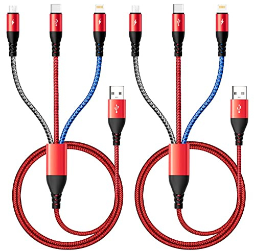 Multi Cavo di Ricarica Veloce 4.5A 2Pack 1,2m Cavo Caricabatterie Multiplo Tipo C/Lightning/Micro USB Porte 3 in 1 Multi Cavo USB per Telefoni Cellulari,Samsung Galaxy,iPhone,Huawei,PS,Tablets,Di Più
