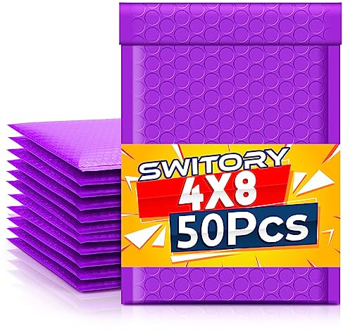 Switory 50 st 10,2 x 17,7 cm (4 x 7 tum) bubbelkuvert i polyester, vadderade kuvert, #000, bubbelfodrade kuvert, självförseglande (lila)