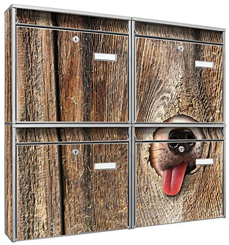 banjado Briefkastenanlage 4 Fach - Postkästen groß - verzinkter Stahl Silber DIN A4 Motiv Rumschnüffeln - Briefkasten Set 4 Briefkästen Namensschild, 2 Schlüssel, Montagematerial