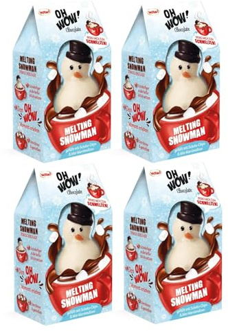 Wawi Oh Wow Chocolate Melting Snowman gefüllt mit Milch Schokoladen Chips und Mini Marshmallows 75 gr x 4 | Mit Milchschokoladen-Chips und Mini-Marshmallows, 75 g je Stück, als süße Winteridee zum Wichteln, Verschenken und Genießen