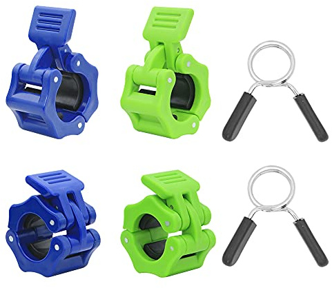 Geluode 4 Stück 2,5 cm Langhantel-Clips mit 2 Stück Langhantel-Federklammern, Schnellentriegelung, Hantelklemmen, Halsband, Kurzhantel-Verschlussklemmen für Fitness, Krafttraining (blau + grün)