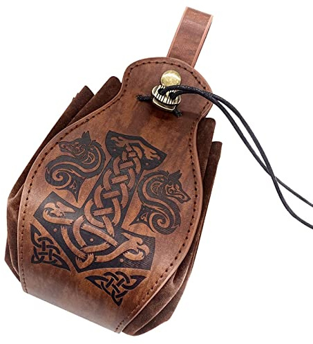 HiiFeuer Medeival Faux Leather Pouch, Portable Drawstring Purse, Vintage Belt Pouch Dice Bag for LARP Ren Faire (Mjolnir Brown)