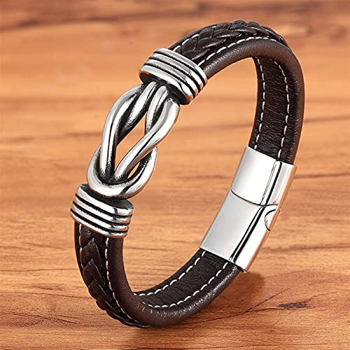 Läderarmband Mode Deluxe Oregelbundna grafiska tillbehör Mäns läderarmband Rostfritt stålkombination for födelsedagsmärke (Length : 23cm, Metal Color : Coffee)