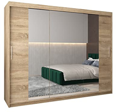 E- MEUBLES Armoire de Chambre avec 3 Portes coulissantes et Miroir, Penderie (Tringle) avec étagères (LxHxP): 250cmx200cmx62cm TORM 2 Chêne Sonoma