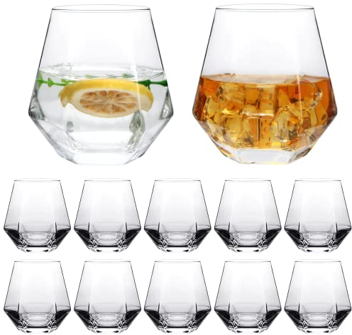 Juego de 12 copas de vino tinto sin tallo, vasos geométricos transparentes de 10 onzas, vasos de copa de vino blanco para cóctel, borbón, whisky, cumpleaños, fiesta