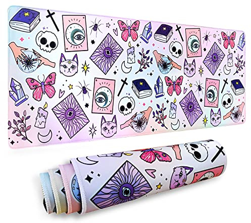 Kawaii Goth Mouse Pad XL, Gothic Cute Extended Large Gaming Mouse Pad, Purple Pink Witch Mouse Pad Mousepad, Kawaii Mouse Mat, Spooky Halloween Witch Desk Accessories Stuff Decor, 31.5 X 11.8 Inch