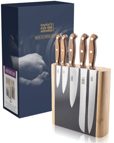 Taylors Eye Witness Professional Magnetic Block Knife Set - Full Tang, Triple Brass Rivet, High Carbon Steel. UK Made Chef’s Knife, Carving Bread Cooks Vegetable Knife (30KB2)