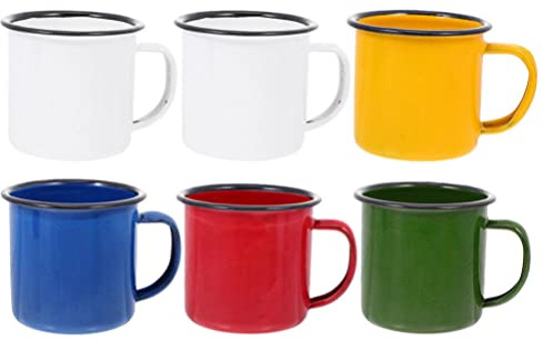 Yardwe Lot de 6 Tasses Émaillées Rétro Colorées, Mugs Épaissis en Émail Solide, Polyvalents pour Café, Chocolat Chaud et Lait, Usage Domestique et Extérieur, Assortiment Rouge Jaune Bleu Vert Blanc