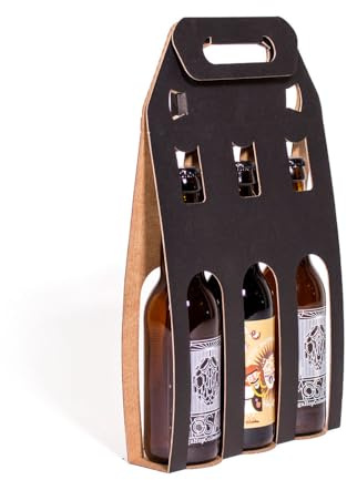 Pack 25 unidades - Expositor 3 botellas de cerveza - color negro. Portabotellas de cartón. Esuche para botellas ideal tamaño 33cl con ventana troquelada y asa. Caja cartón para cervezas