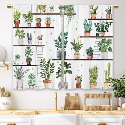 Laifzere Tende da cucina in stile bohémien, con fiori verdi, piccole e corte, tende per finestre in stile cactus, cottagecore, fattoria, bagno, trattamento, 2 pannelli (60 x 90 cm)