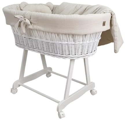 WIKLINOPOL Baby Stubenwagen – Komplettset mit Moseskorb, Matratze & Bettwäsche aus 100% Baumwolle in Beige – sicherer Schlafplatz mit Rollen & Bremse – Modell Amelia