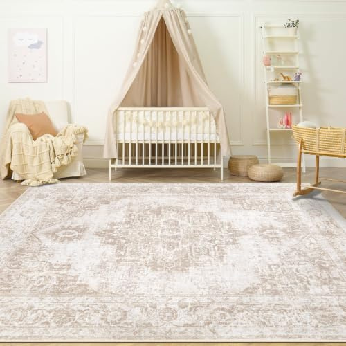 Zomfy Vintage-Teppich, 10 x 15 cm, waschbar, Medaillon-Muster, niedriger Flor, rutschfest, schmutzabweisend, Retro-Akzent für Wohnzimmer, Schlafzimmer, Küche, Esstisch, Heimbüro (Beige, 4'x6')
