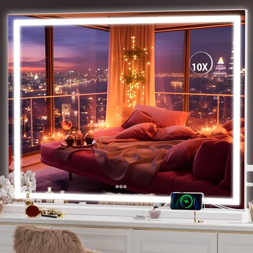Hasipu Espejo de Maquillaje de Sobremesa 100x75cm con Luz LED, 3 Modos de Luz Regulables, Lupa Desmontable 10X Aumento, Puerto de Carga USB, Control Táctil, Grande Espejo Cosmético para Dormitorio