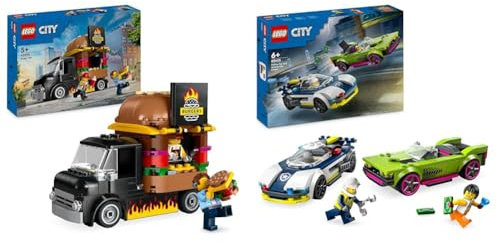 LEGO City Police Car and Muscle Car Chase, Racing Vehicle Toys for 6 Plus Year Old & City Burger Van, Food Truck Toy for 5 Plus Year Old Boys & Girls, Vehicle Building Toys, Kitchen Playset