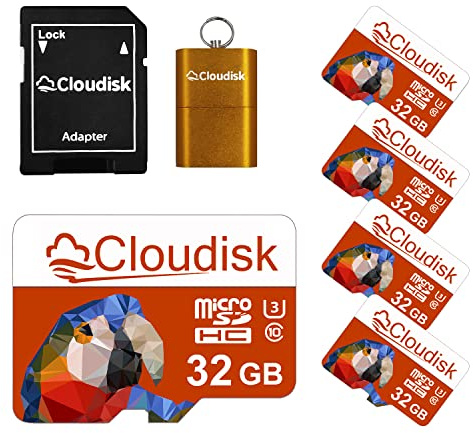 Cloudisk Pack of 5 Parrot-Prime Micro SD Card 32GB Flash Memory Card Micro SDHC C10 A2 U3 with SD Adapter, Card Reader (32GB)
