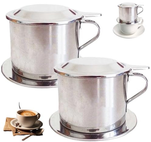 Comebachome Cafetera Vietnamita de Acero Inoxidable, 2 PPCS, Juego de Goteo de Café con Tapa, Bandeja, Filtro, Mango, 100 ml, Plateado