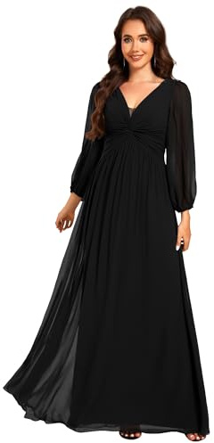 Ever-Pretty Vestido de Noche Manga Larga con Cuello en V para Mujer Vestido de Gasa Cintura Imperio Negro 38