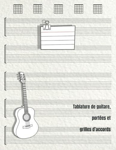 Tablature de guitare, portées et grilles d'accords: Tablature et papier musique vierge | 5 portées et 5 diagrammes d'accords par page | 100 pages