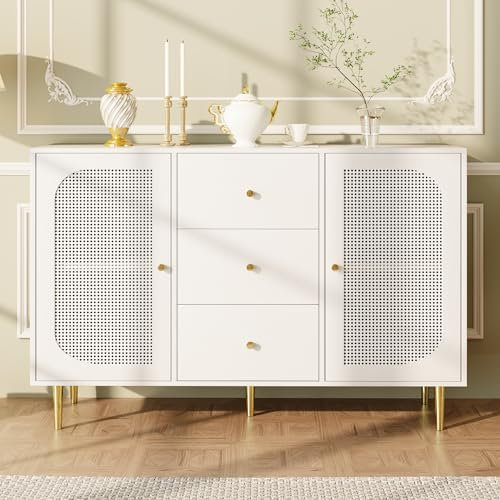 Merax Buffet avec 2 portes, 3 tiroirs, commode, meuble bas, placard de buffet, placard d’appoint en bois de rotin, avec poignées et pieds dorés, pour salle à manger et salon, 120 x 40 x 90 cm/Blanc