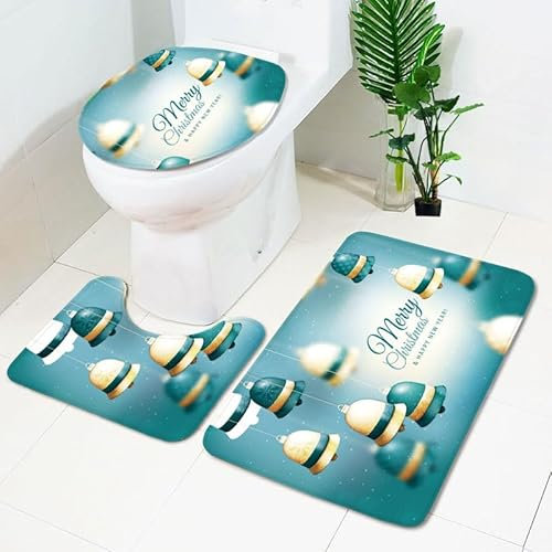 Bad Teppiche Set Grün Beige Weihnachten Badezimmerteppich Waschbar WC Vorleger mit Ausschnitt und WC Deckelbezug 3 Teilig Badematte rutschfest Toilettensitzbezug Badgarnitur 50x80 cm
