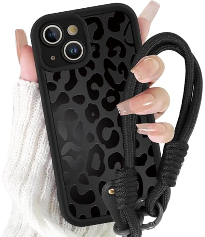 Yirlbey Klockfodral med snodd för iPhone 15 6,1 tum, mjukt silikonfodral med Aesthetic svart leopardmönster, stötskyddande fodral med axelrem kedja halsband iPhone15, ko