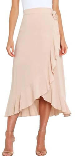 AGYMNX Damen Wickelrock A-Linie Hohe Taille Unregelm��iger Midirock R�schensaum Faltenminirock mit Bindeband Sommer Eleganter und Vielseitiger Basic Beige L