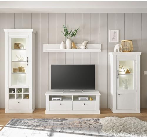 Lomadox Wohnwand Wohnmöbel Set, Pinie weiß, 4-teilig, Landhaus-Stil, Vitrine, Wandboard, Lowboard, Highboard, inkl. LED-Beleuchtung