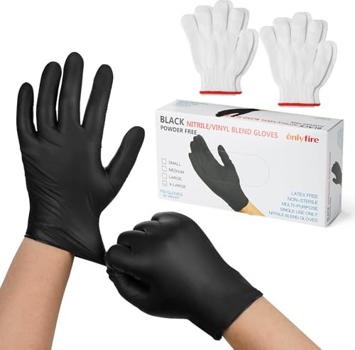 Onlyfire Set of 4 Cotton Glove Liners and 100 Nitrile Gloves, Latex Free Disposable Gloves, Cooking Mitts for Grilling, Barbecue, Baking and Cooking