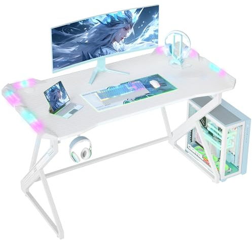 BEXEVUE Gaming Desk with LED Armor, 100x50 cm RGB Computer Desk with Carbon Fiber and Z Frame Design Gaming PC Desk with Head Phone Hook for E-sport Gamer Table, Easy Assemble Home Office desk, White