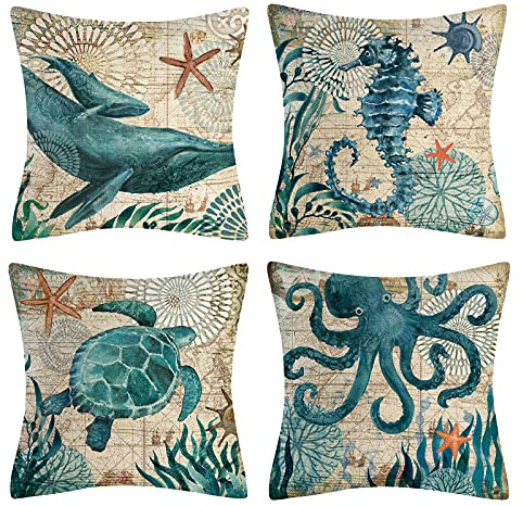 Vgzsyomqib Petrol Meerestiere Muster Kissenbezug Quadratisch Leinen Sofakissen Kissenbezüge 40x40 Meer Vintage Dekokissen Zierkissen 4er Set Deko Kissenhülle für Sofa Couch Outdoor Wohnzimmer