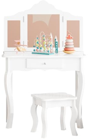 Luxstein Schminktisch Kinder Set, Frisiertisch mit Hocker für Mädchen aus Holz, 3 Spiegel einstellbar, Prinzessin Schminkkommode für Kinderzimmer, 70x35x104.5 cm, Weiß