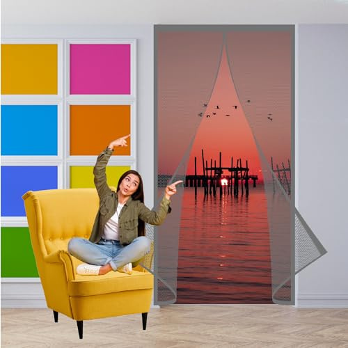 Magnet Fliegengitter Tür 105 x 206 cm Insektenschutzvorhang mit Magneten Stärkere Magneten für Balkontür Wohnzimmer Und Terrassentür, Grau