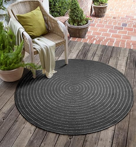 the carpet Santo Plus Outdoor Teppich – Anthrazit, 120 cm Rund – Wetterfest & Pflegeleicht, Balkon Teppich, Terrasse & Garten, Flachgewebe Indoor & Outdoor, Modern für Wohnzimmer & Schlafzimmer