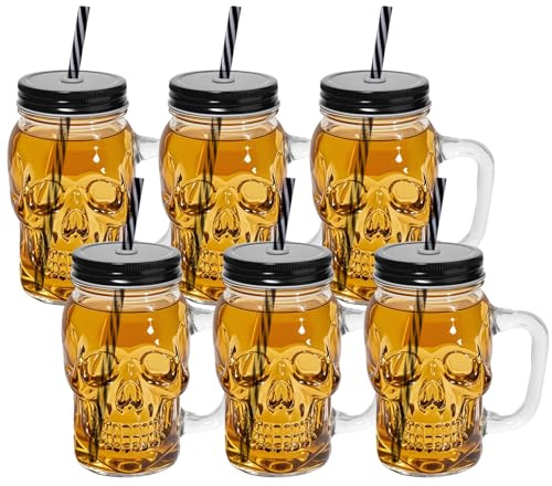 PYVYLO 16 oz Skull Mason Jar with Handle,6 Pack Glass Skull Cup with Lid and Straw,Glass Beer Mug Drinking Glasses for Halloween Decor