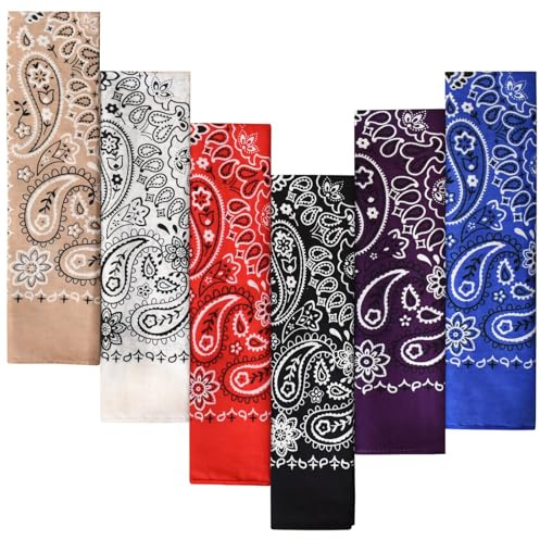 Every-ville 6er Pack Baumwoll-Bandanas für Damen & Herren - Geschenkverpackung, 55x55 cm, Paisley-Muster, doppelseitig, Rot/Weiß/Schwarz/Blau/Lila/Beige - Cowboy/Cowgirl-Accessoire als Halstuch