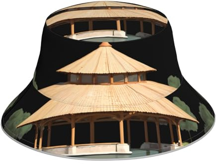 YYHWHJDE Pavilion at The Pond Pattern Reflective Bucket Hat for Unisex Men Women Foldable Reversible Sun Protection Headwear Black