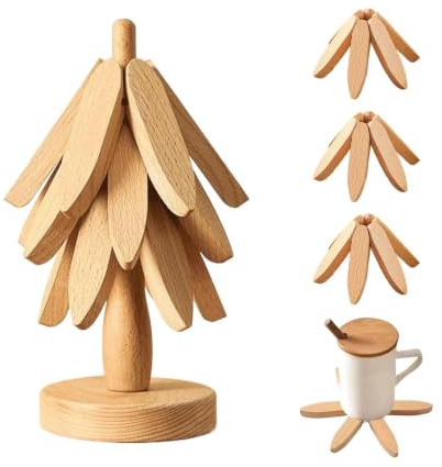 Ensemble De Dessous De Plat en Bois Résistant À La Chaleur, | Dessous-de-Plat en Bois en Forme d'arbre pour Plats Chauds, 3/5 sous-Verres + 1 Support, pour Casseroles, Poêles, Bol Assiett